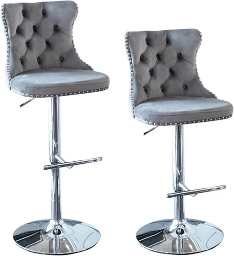 Vista 10 de Juego de 2 taburetes de bar de terciopelo beige, sillas de bar giratorias ajustables con respaldo
