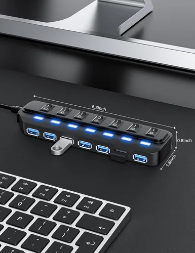 Vista 6 de WIRWTRU Hub USB de 7 puertos, divisor de concentrador USB 3.0 con interruptores LED individuales de encendido/apagado, concentrador USB para PC