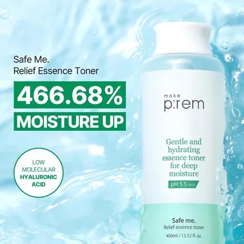 Vista 2 de Make P:REM Safe Me. Tónico Relief Essence, tónico facial hidratante rápido y profundo, todo tipo de piel, hidratante las 24 horas, EVE vegano