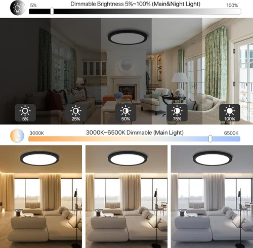 Vista 3 de Lámpara de techo LED regulable con control remoto, 24 W, 2640 lúmenes, 12 pulgadas, luz nocturna cálida de 2000 K y 3000 K-6500 K, moderna lámpara