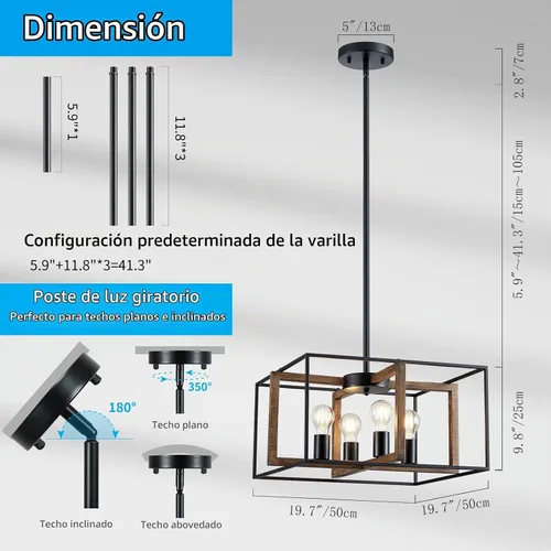 Vista 3 de XINGQI Candelabro cuadrado de 4 luces, lámpara de granja, moderna iluminación colgante para cocina, isla, comedor, sala de estar, acabado de grano