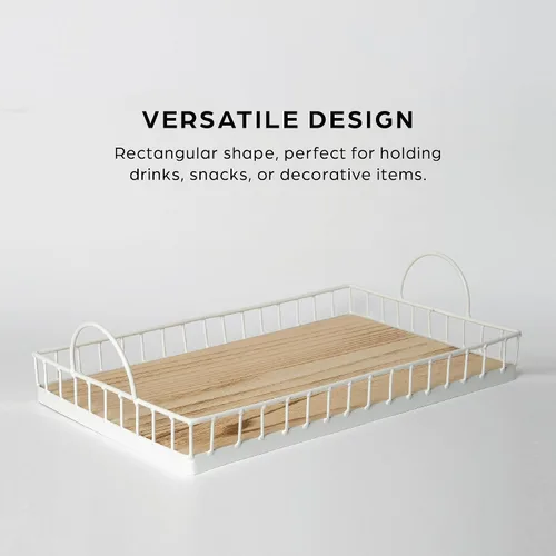 Vista 6 de Bandeja rectangular de madera para servir con asas de metal con marco de alambre, mesa de centro de mesa de centro de alimentos decorativa, centro