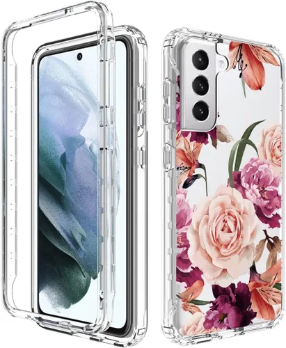 Vista 6 de Funda para Galaxy S21 FE, SM-G990U con protector de pantalla de vidrio templado, diseño floral a prueba de golpes, carcasa protectora de cuerpo