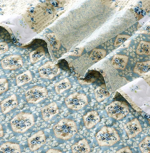 Vista 4 de All American Collection Nuevo Juego Reversible de 2 Piezas de Colcha/Edredón con Estampado Floral de Patchwork Azul/Verde, Cortinas a Juego