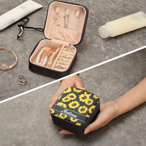 Vista 8 de Joyero de viaje personalizado con girasoles, de piel sintética, caja de joyería portátil personalizada, organizador de viaje, pequeña caja