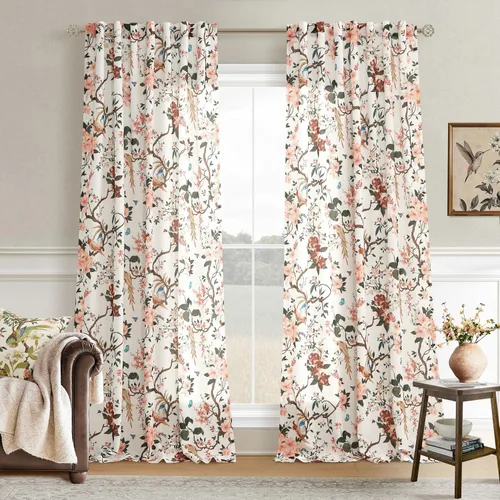 Vista 22 de Cortinas de lino de pájaro floral azul 2 paneles de 72 pulgadas de largo Aqua Blue