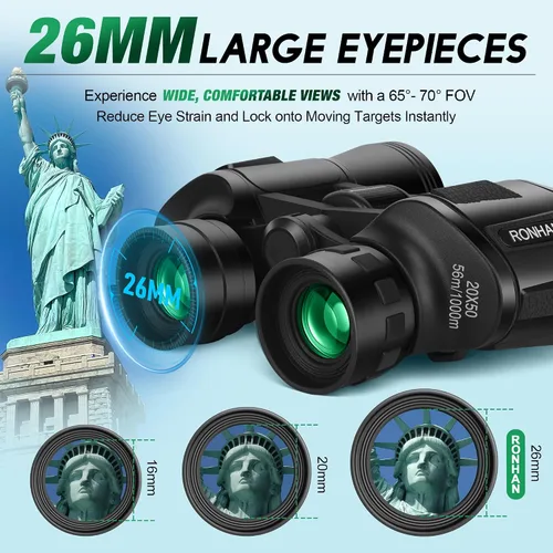 Vista 5 de RONHAN Prismáticos para adultos de alta potencia, militares HD profesionales/diarios, impermeables, 20x50, para observación de aves, viajes, caza