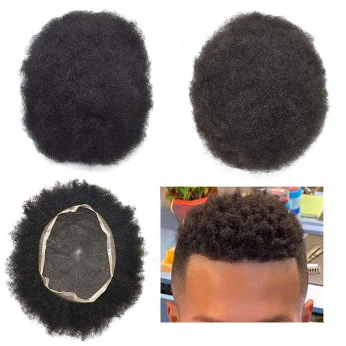 Vista 34 de Peluca de encaje suizo rizado afro para hombre, sistema de repuesto de peluca de encaje completo, extensiones duraderas de cabello humano #1 Negro