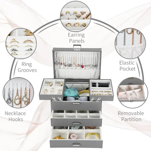 Vista 4 de Dajasan Caja organizadora de joyas, cajas de joyería para mujeres y niñas, 4 capas, caja de almacenamiento grande de joyería para aretes, anillos