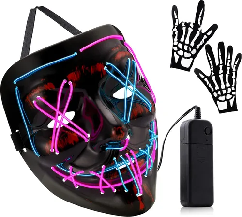 Vista 7 de Máscara de Halloween con luz LED, máscara de miedo de purga con alambre EL, para cosplay, fiestas de disfraces, fiestas de disfraces para niños