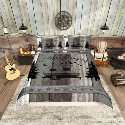 Vista 46 de Funda de edredón Happy Camping, juego de ropa de cama con temática de cámper para niños, funda de edredón de estilo rústico para decoración