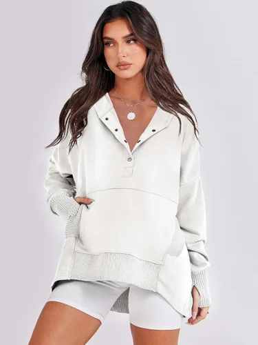 Vista 7 de ANRABESS Sudadera casual con botones y cuello en V para mujer, sudadera de gran tamaño con capucha y bolsillos