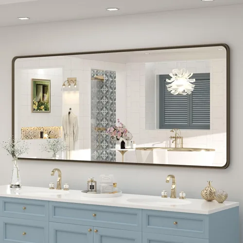 Vista 11 de OKPAL - Espejo de tocador de baño de 20x24 pulgadas con marco de metal cepillado en bronce, espejo de baño con marco de metal cepillado en bronce