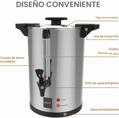 Vista 5 de Valgus Urna de café comercial de 32 tazas de 6 L, cafetera grande de acero inoxidable con percolador, dispensador eléctrico de agua caliente