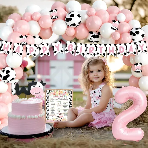 Vista 5 de Moo Moo Im Two Decoraciones de Cumpleaños para Niña, Decoraciones de 2do Cumpleaños para Niña, Telón de Fondo con Tema de Vaca, Pancarta de Globos