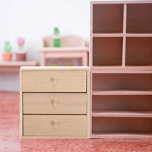 Vista 4 de Toyvian Mini gabinete de casa de muñecas, 1 12 escala, gabinete de almacenamiento en miniatura de madera con 3 cajones para casa de muñecas