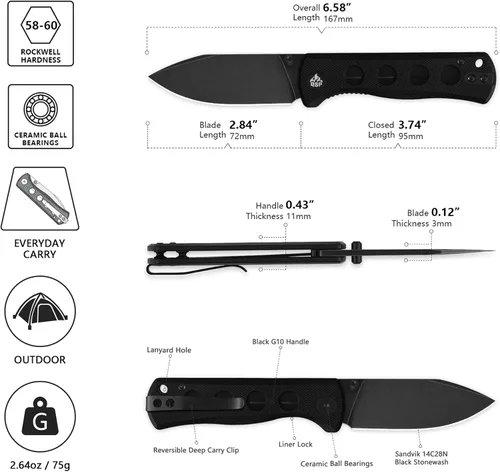 Vista 2 de QSP Canary Folder - Cuchillo plegable de bolsillo, hoja de 7.21 cm Sandvik 14C28N con acabado negro lavado a la piedra, mango G10 negro, bloqueo