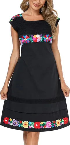 Vista 24 de YZXDORWJ Vestido bordado mexicano de manga corta para mujer 222BK