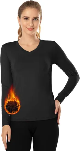 Vista 30 de MANCYFIT Tops térmicos para mujer, camisa con forro polar, manga larga, capa base, cuello en V
