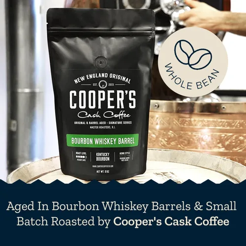 Vista 2 de Café envejecido en barril de whisky bourbon – tostado medio oscuro – Grano entero, granos colombianos envejecidos en barriles de whisky bourbon