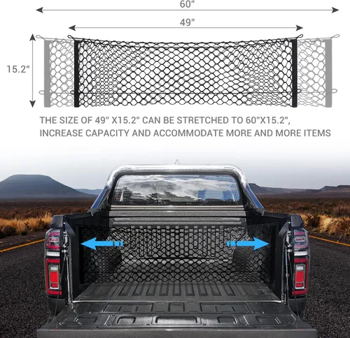 Vista 4 de MICTUNING - Red de carga para caja de camión, red de carga elástica de 49 x 15.2 pulgadas, elástica a 60 pulgadas con 4 mosquetones de metal