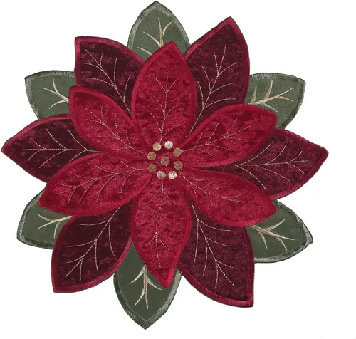 Vista 8 de OWENIE Juego de 4 manteles individuales de Navidad, Tela bordada con destello dorado brillante con flores de nochebuena, manteles redondos de 38 cm