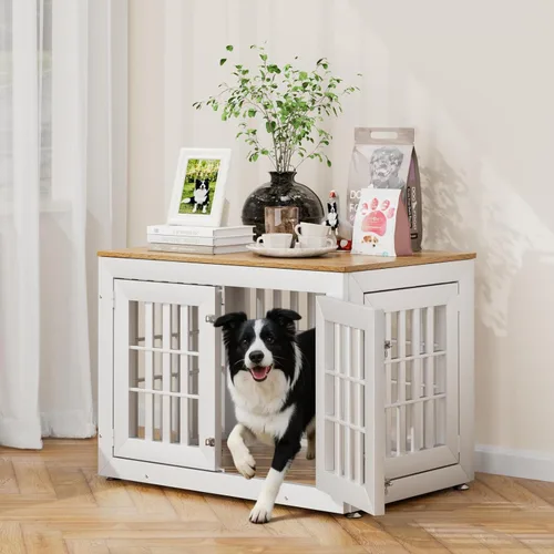 Vista 9 de Snuowu Mueble de jaula de perro resistente de 26 pulgadas para perros pequeños, medianos y grandes, jaula rústica de madera para perros, muebles