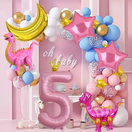 Vista 6 de Globos de dinosaurio rosa, globo de aluminio Mylar con número de cumpleaños para niña, decoraciones de fiesta de 5º cumpleaños