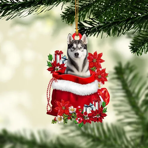 Vista 14 de Talataca Adorno de Navidad Plano 2D de Husky, Cajas de Regalo de Husky, Decoración de Árbol de Pino, Adorno Colgante de Casa para la Víspera