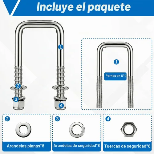 Vista 3 de 4 piezas Hotop pernos en U cuadrados de acero inoxidable 304 para remolque de barco con arandelas y tuercas Perno en U resistente para remolque