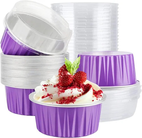 Vista 17 de EUSOAR Moldes desechables de papel de aluminio con tapas, 30 piezas de 5 onzas (4.2 fl oz) de papel de aluminio para magdalenas, tazas para hornear