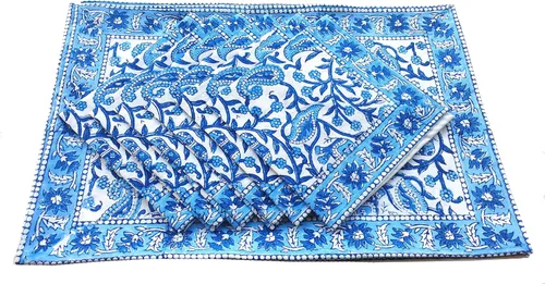 Vista 3 de Juego de 6 manteles individuales 100 % algodón estilo indio para mesa de comedor y servilletas (azul 1)