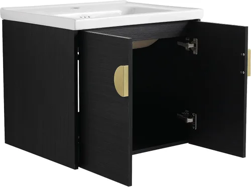 Vista 5 de Tocador de baño de 24 pulgadas con lavabo, juego de tocador flotante Mordern con mango de metal dorado y parte superior de fregadero de cerámica