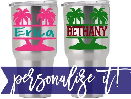 Vista 4 de Calcomanía personalizada de palmera para vasos, ventana de coche, vasos. Calcomanías personalizadas de Yeti para mujer. Monograma para botella