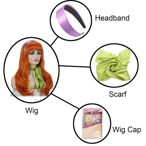 Vista 3 de Peluca naranja con flequillo, peluca larga ondulada para mujer, disfraz de cosplay, Halloween, con diadema morada y bufanda verde