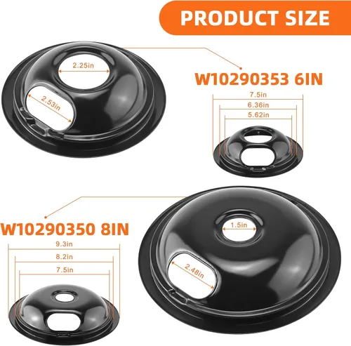 Vista 2 de Cubiertas para quemadores de estufa W10288051 - 2 paquetes de 6 pulgadas W10290353 de porcelana negra y 8 pulgadas W10290350 cubiertas superiores