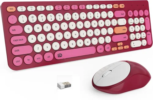 Vista 11 de FD Combo de teclado y mouse inalámbricos, bonito teclado y mouse coloridos con teclado retro inalámbrico de 2.4 GHz, apagado automático, receptor