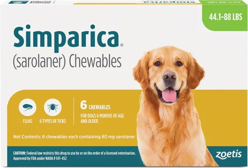 Vista 24 de Simparica (sarolaner) Masticables para perros, 120 mg/tab, 88.1-132 libras (marrón), 6 tabletas