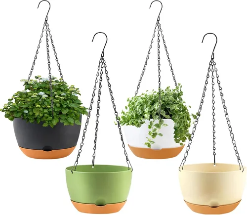 Vista 14 de KPUVX Maceta Colgante de 10 Pulgadas, Macetas de Riego Automático para Plantas de Interior, Paquete de 3 Cestas Colgantes de Plástico con Bandeja