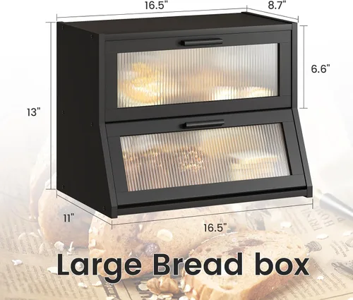 Vista 6 de GHWIE Panera de bambú de doble capa para encimera de cocina, contenedor de almacenamiento de pan de gran capacidad, recipiente para pan con panel