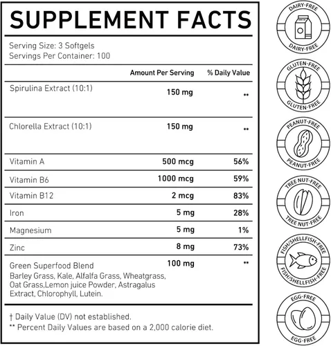 Vista 8 de Spirulina & Chlorella Supergreens Softgels, mezcla de Supergreens 17 en 1, proteína a base de plantas, naturalmente rica en clorofila, sin gluten