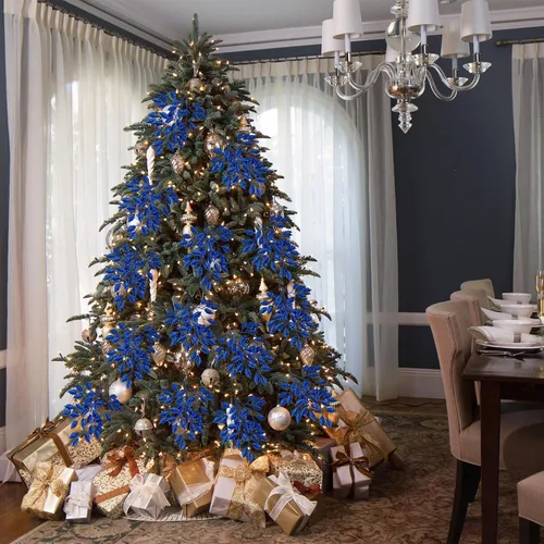 Vista 5 de Tallos de Hojas con Purpurina Azul de Navidad de 25.6", 5 Piezas de Ramas de Hojas Artificiales Altas para Árbol de Navidad DIY Corona de Navidad