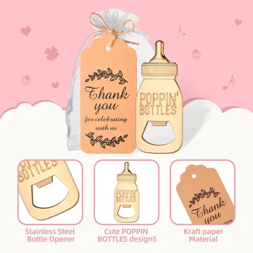 Vista 3 de 50 piezas de abrebotellas con efecto pop para baby shower, lindos recuerdos de abrebotellas con bolsas de organza, regalos de regreso