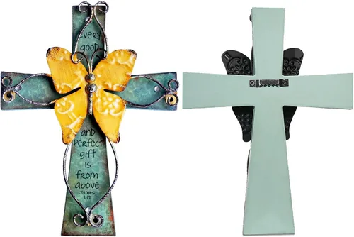 Vista 5 de MelinSam Crucifijo de madera único con mariposa decorativa de metal envejecido y oración inspiradora inscrita en la cruz