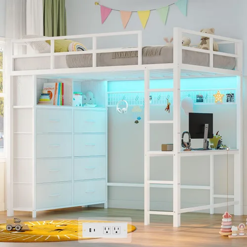 Vista 11 de ADORNEVE Cama tipo loft de tamaño matrimonial con escritorio y 8 cajones de Gris