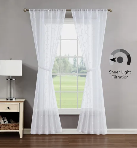 Vista 11 de Creative Home Ideas Cortinas transparentes (2 paneles, 38 x 63 pulgadas, azul), paneles de cortina geométricos bordados con alzapaños, cortinas