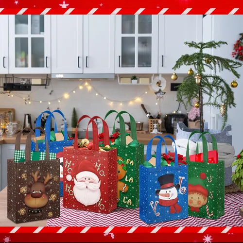 Vista 6 de Clysee 6 bolsas de regalo de Navidad con asas, tela no tejida, bolsas reutilizables para fiestas de Navidad, 6 estilos de 10.2 x 8.3 pulgadas