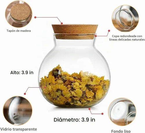 Vista 2 de Tarro de vidrio esférico de 17 onzas con tapa de corcho hermético, tarro de vidrio de cocina para conservar y almacenar dulces, té, café, especias