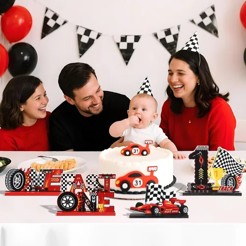 Vista 3 de 4 piezas de decoración rápida de un cumpleaños para niños, auto de carreras, centros de mesa de madera de primer cumpleaños, decoración de fiesta