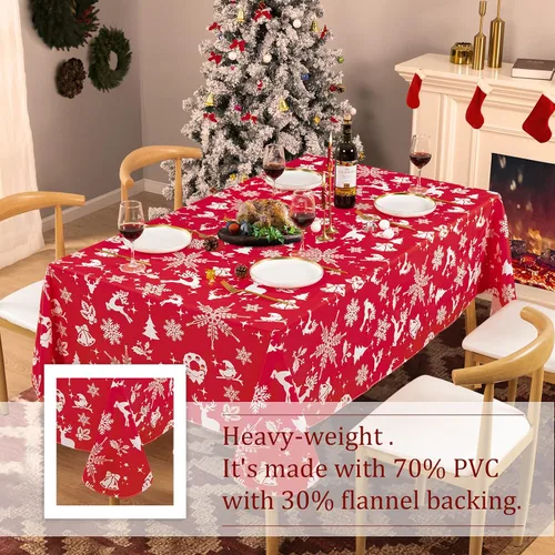 Vista 5 de UMINEUX Mantel de Navidad con reverso de franela, mantel de vinilo impermeable y lavable para fiestas de Navidad, bodas, vacaciones, decoración Alce